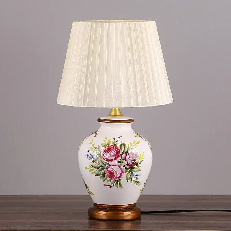 Blue floral bird ceramic table lamp bedroom pleated light