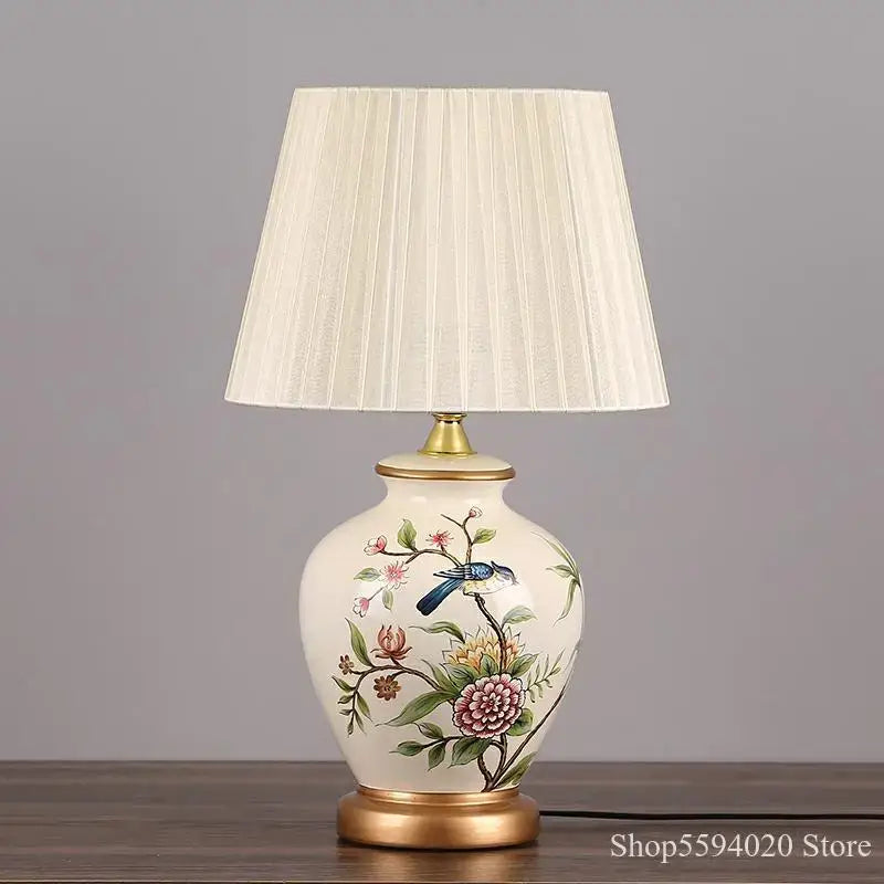 Blue floral bird ceramic table lamp bedroom pleated light