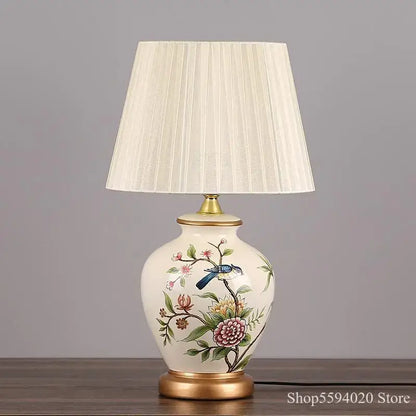 Blue floral bird ceramic table lamp bedroom pleated light