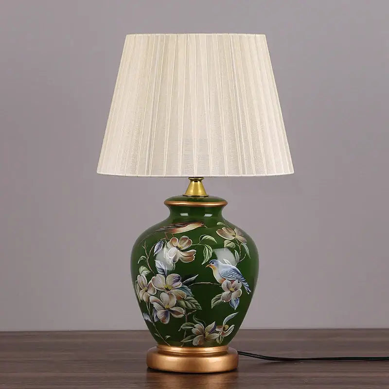 Blue floral bird ceramic table lamp bedroom pleated light