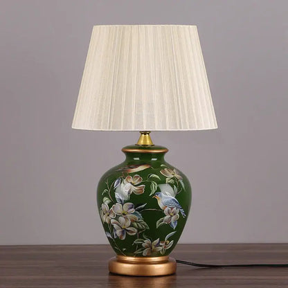 Blue floral bird ceramic table lamp bedroom pleated light