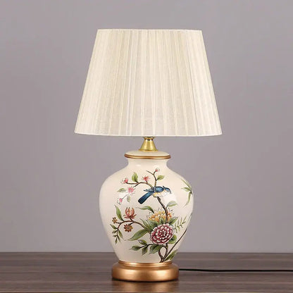 Blue floral bird ceramic table lamp bedroom pleated light