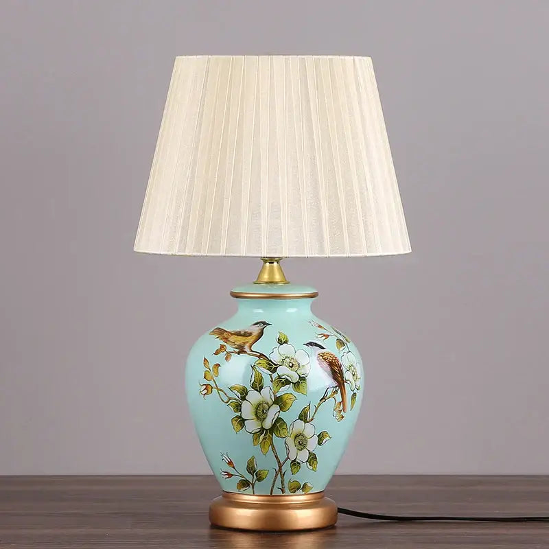 Blue floral bird ceramic table lamp bedroom pleated light