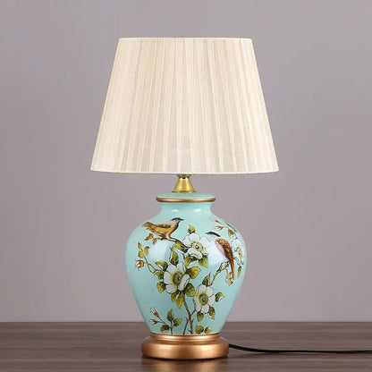 Blue floral bird ceramic table lamp bedroom pleated light