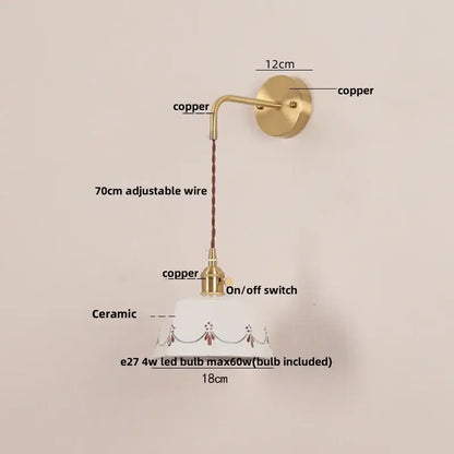Cream ceramic wall lamp with red motifs bedroom rotating light