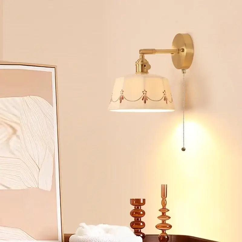 Cream ceramic wall lamp with red motifs bedroom rotating light