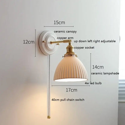 Scalloped glass and led ceramic wall lamp for bedroom copper arm