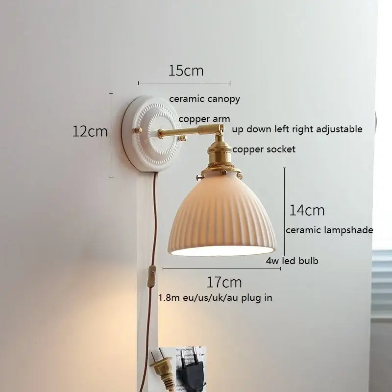Scalloped glass and led ceramic wall lamp for bedroom copper arm