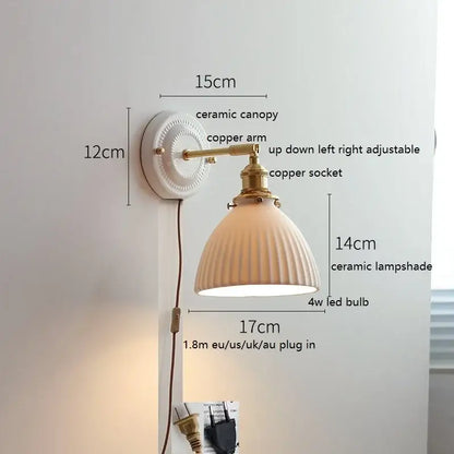 Scalloped glass and led ceramic wall lamp for bedroom copper arm