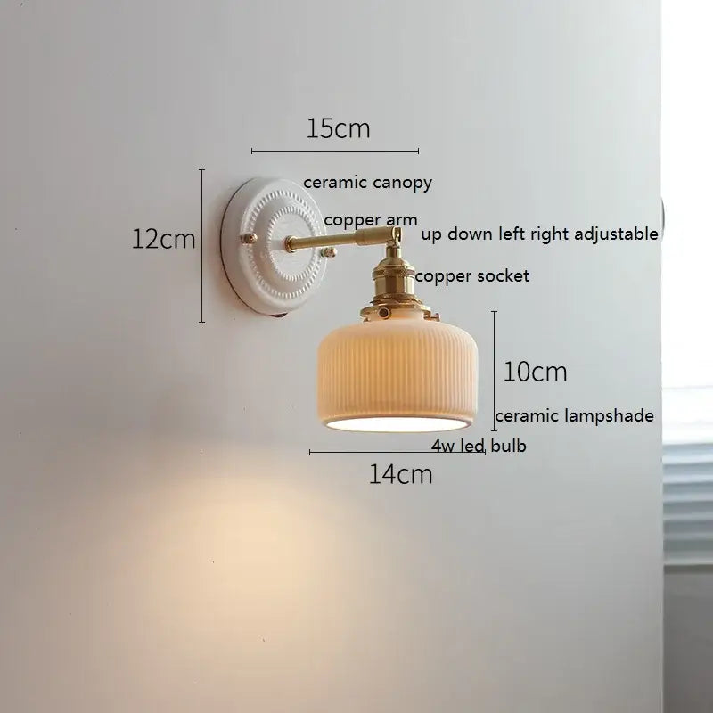 Scalloped glass and led ceramic wall lamp for bedroom copper arm