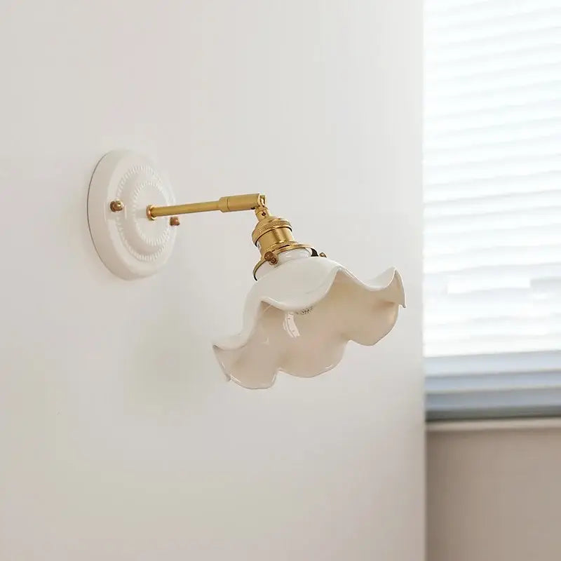Scalloped glass and led ceramic wall lamp for bedroom copper arm