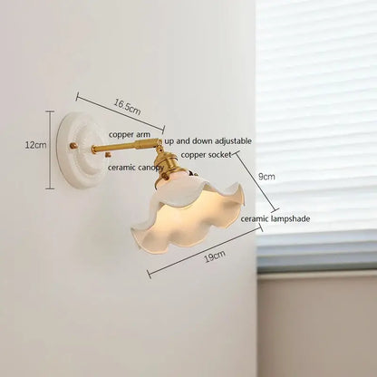 Scalloped glass and led ceramic wall lamp for bedroom copper arm
