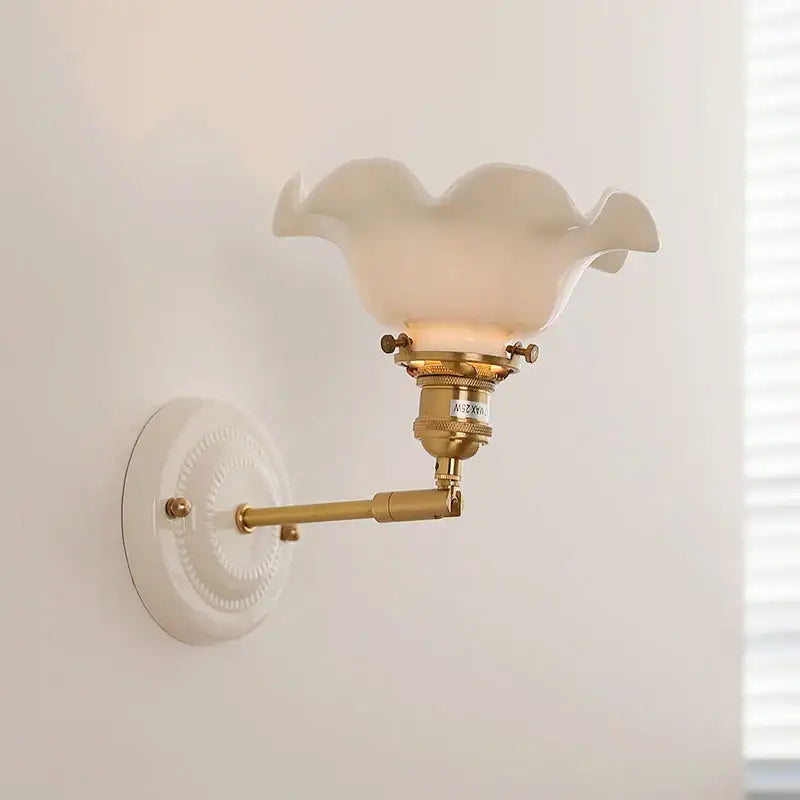 Scalloped glass and led ceramic wall lamp for bedroom copper arm