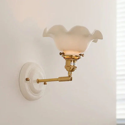 Scalloped glass and led ceramic wall lamp for bedroom copper arm