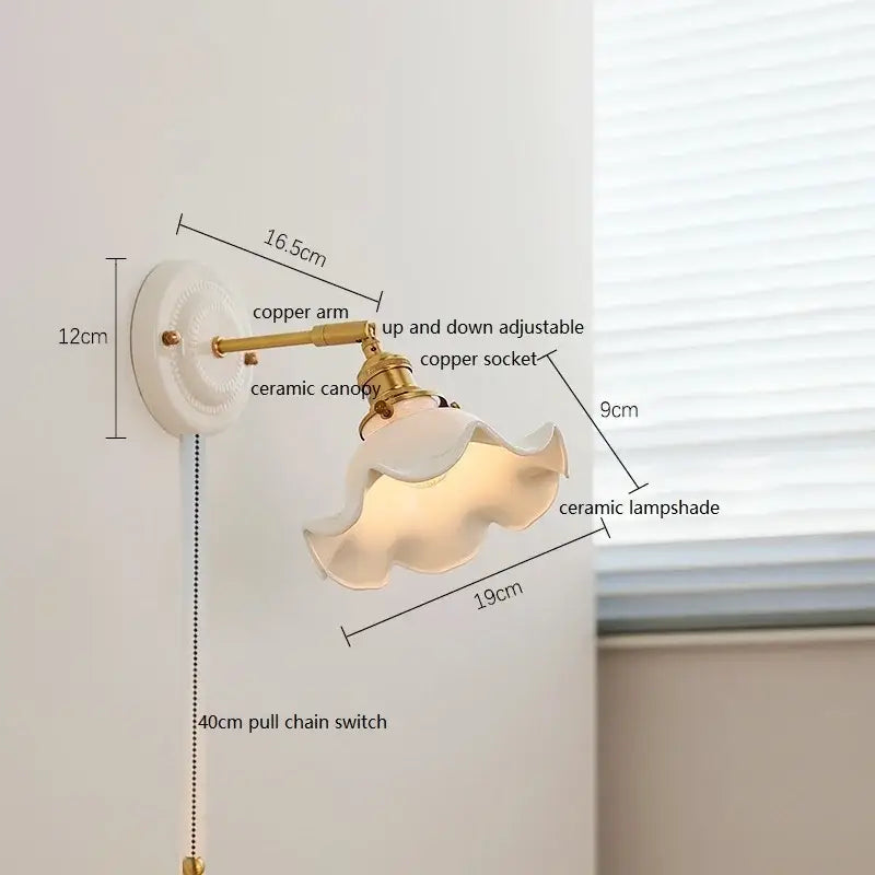 Scalloped glass and led ceramic wall lamp for bedroom copper arm