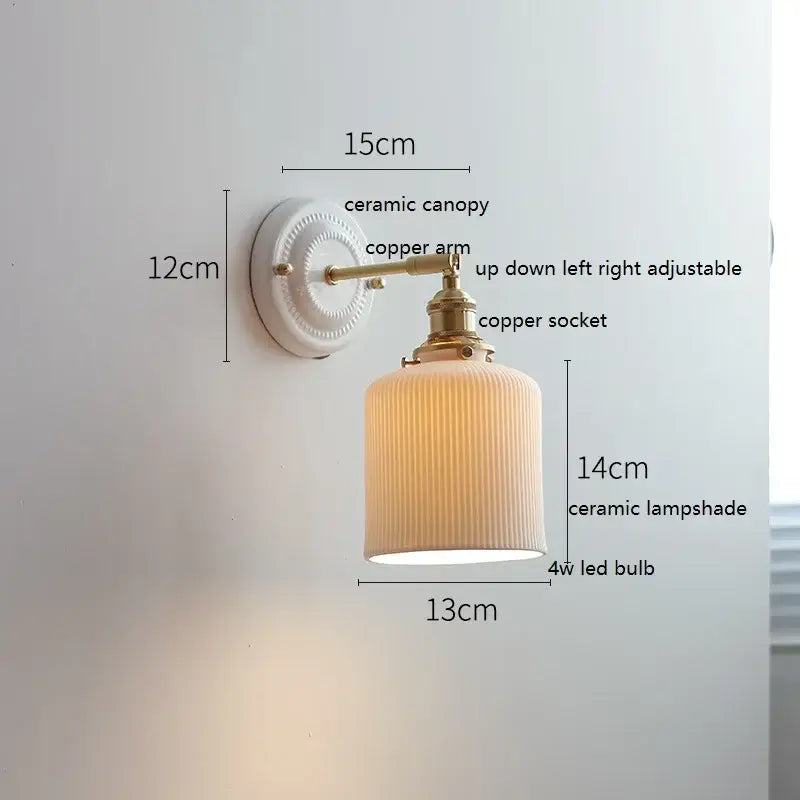 Scalloped glass and led ceramic wall lamp for bedroom copper arm