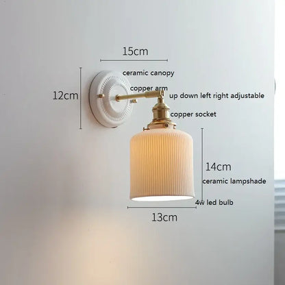 Scalloped glass and led ceramic wall lamp for bedroom copper arm
