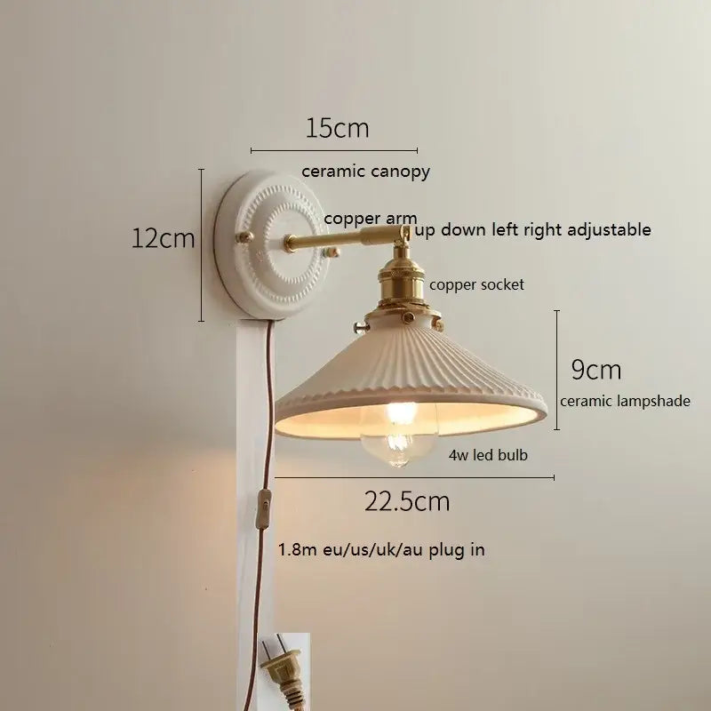 Scalloped glass and led ceramic wall lamp for bedroom copper arm
