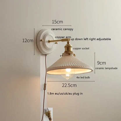 Scalloped glass and led ceramic wall lamp for bedroom copper arm