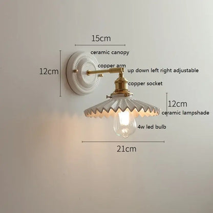 Scalloped glass and led ceramic wall lamp for bedroom copper arm