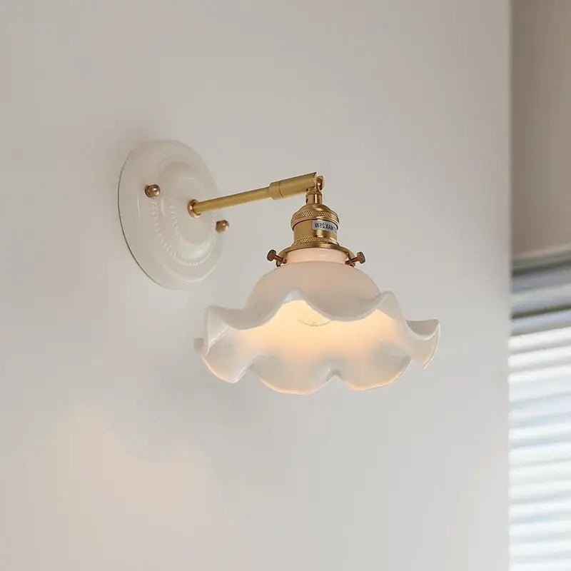 Scalloped glass and led ceramic wall lamp for bedroom copper arm