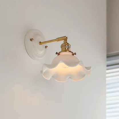 Scalloped glass and led ceramic wall lamp for bedroom copper arm
