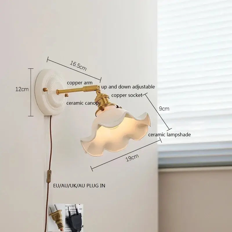 Scalloped glass and led ceramic wall lamp for bedroom copper arm