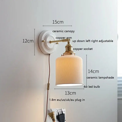 Scalloped glass and led ceramic wall lamp for bedroom copper arm