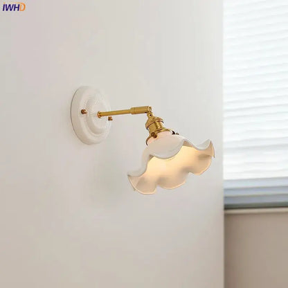 Scalloped glass and led ceramic wall lamp for bedroom copper arm