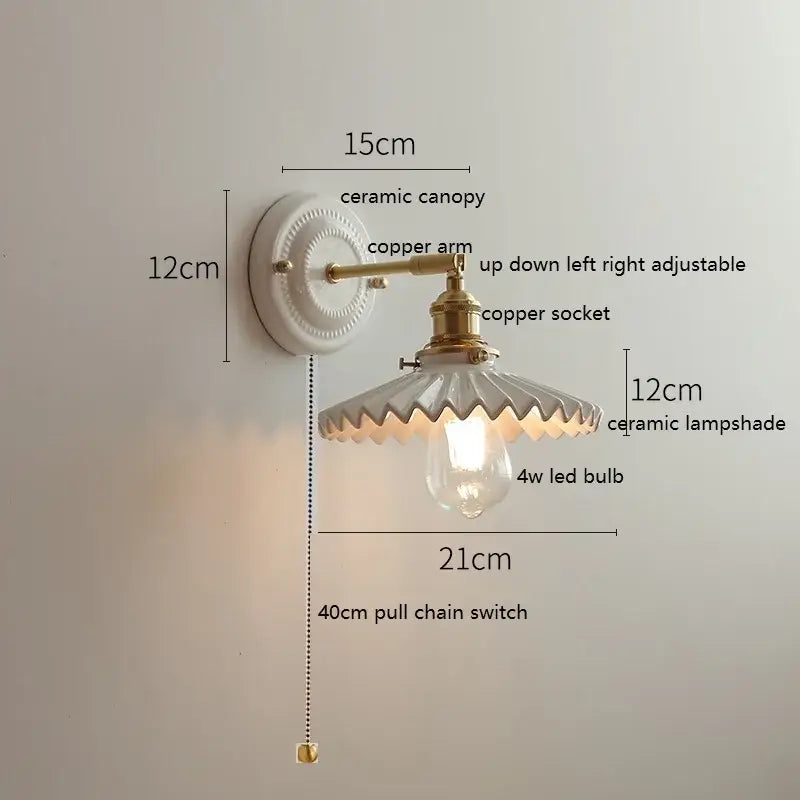 Scalloped glass and led ceramic wall lamp for bedroom copper arm