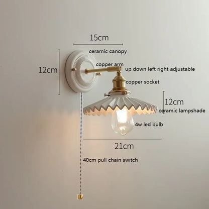 Scalloped glass and led ceramic wall lamp for bedroom copper arm