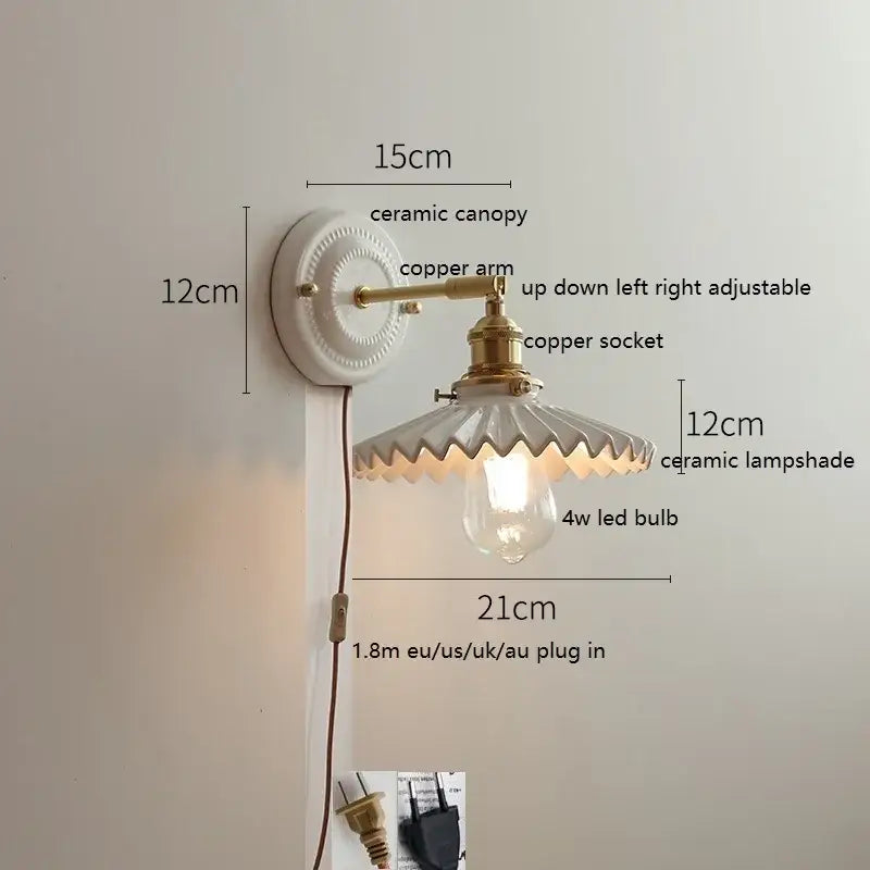 Scalloped glass and led ceramic wall lamp for bedroom copper arm