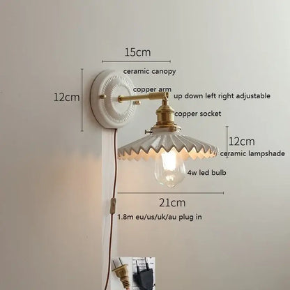Scalloped glass and led ceramic wall lamp for bedroom copper arm