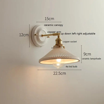 Scalloped glass and led ceramic wall lamp for bedroom copper arm
