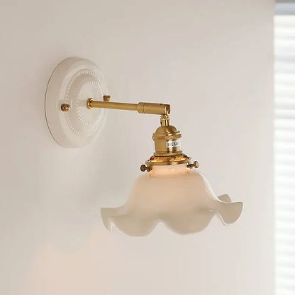 Scalloped glass and led ceramic wall lamp for bedroom copper arm