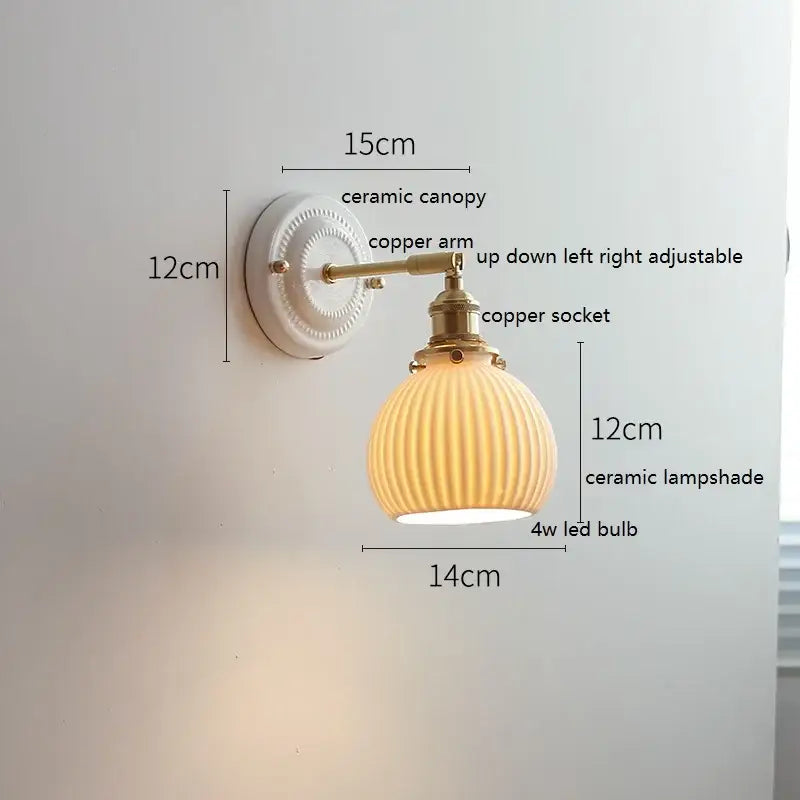 Scalloped glass and led ceramic wall lamp for bedroom copper arm