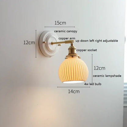 Scalloped glass and led ceramic wall lamp for bedroom copper arm