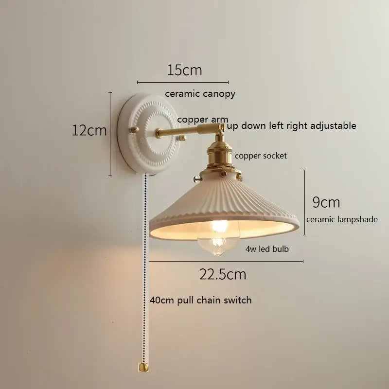 Scalloped glass and led ceramic wall lamp for bedroom copper arm