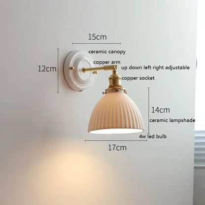 Scalloped glass and led ceramic wall lamp for bedroom copper arm