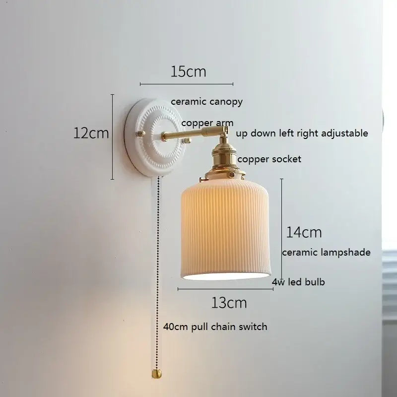 Scalloped glass and led ceramic wall lamp for bedroom copper arm