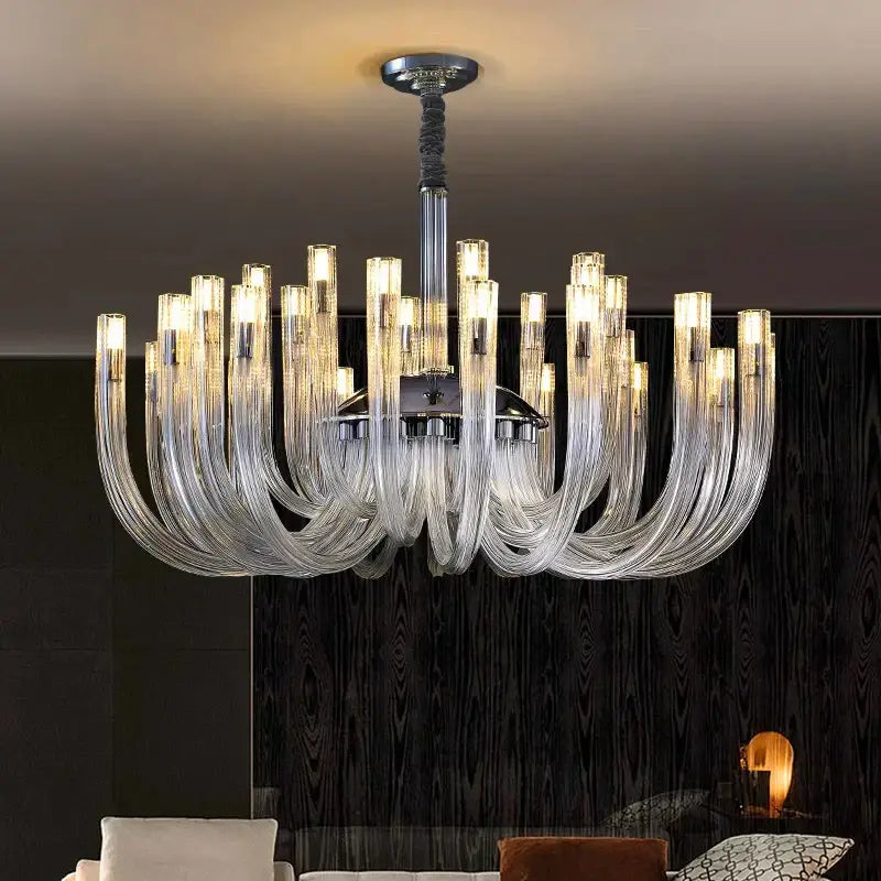 Modern chrome glass led chandelier bedroom curved pendant light