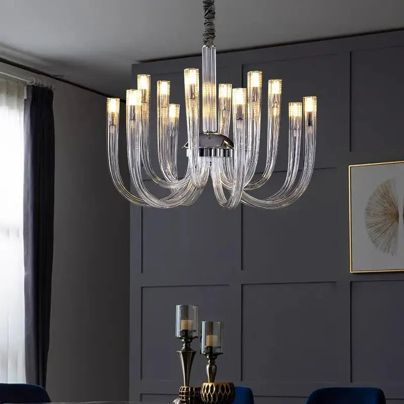 Modern chrome glass led chandelier bedroom curved pendant light