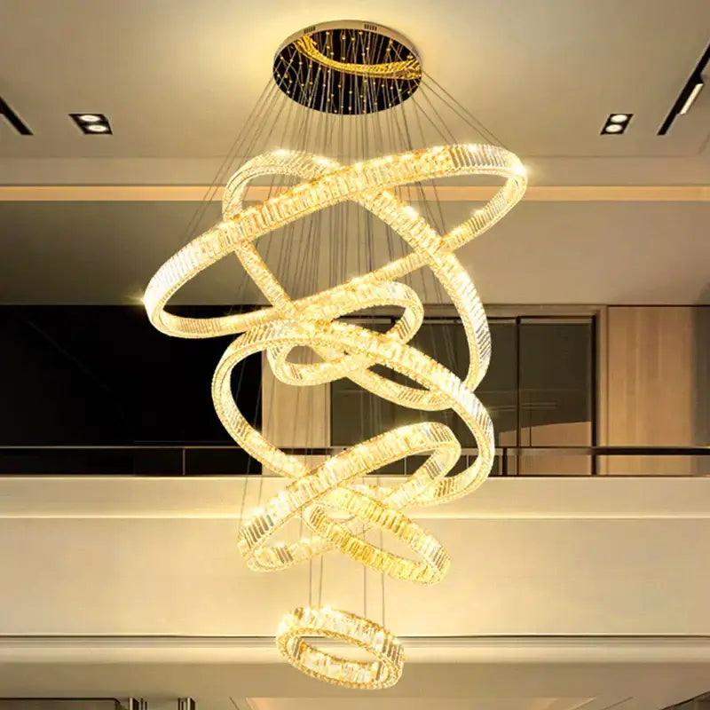 Modern golden spiral led chandelier bedroom crystal ring light