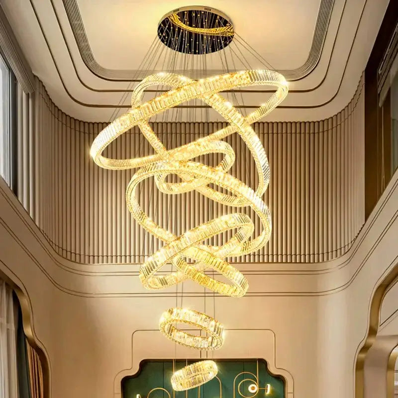 Modern golden spiral led chandelier bedroom crystal ring light