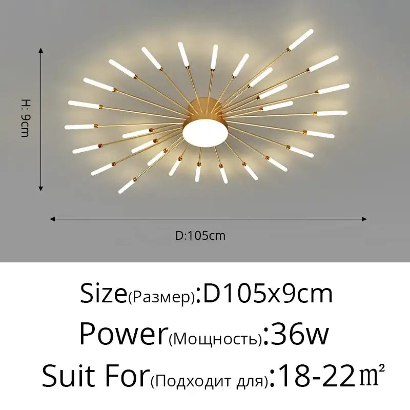 Modern gold starburst led chandelier bedroom lighting fixture