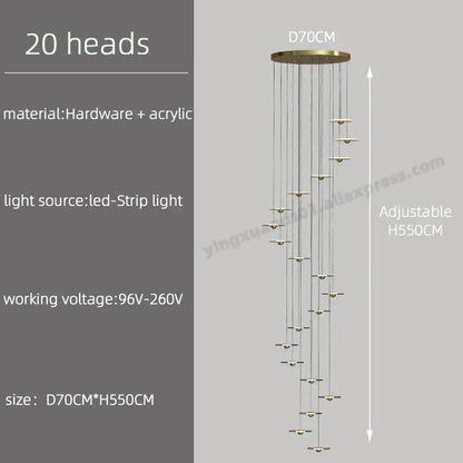 Modern minimalist gold led chandelier for revolving staircase loft