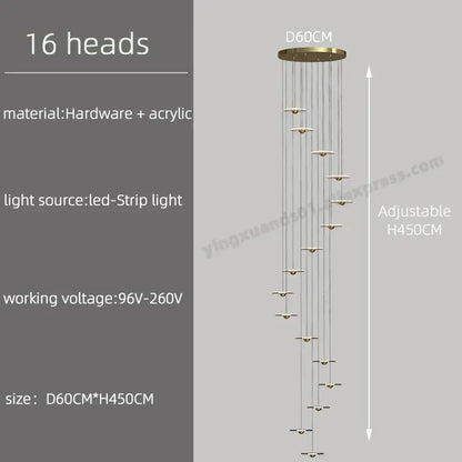 Modern minimalist gold led chandelier for revolving staircase loft