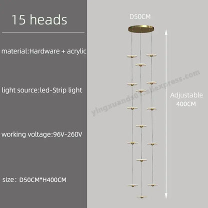 Modern minimalist gold led chandelier for revolving staircase loft