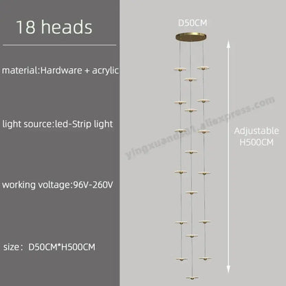 Modern minimalist gold led chandelier for revolving staircase loft