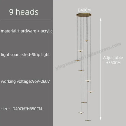 Modern minimalist gold led chandelier for revolving staircase loft
